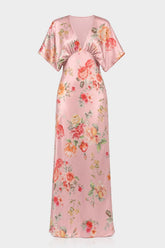Blush Pink V-Neck Floral Satin Bridesmaid Dress with Flutter Sleeves