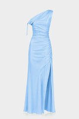Elegant Sky Blue One Shoulder Gathered Stretch Satin Maxi Dress for Beach Weddings