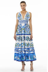 White & Blue Floral Sleeveless Deep Plunge Voile Maxi Dress with Guipure Lace
