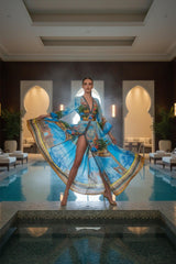 Blue V Neck Full Sleeve Long Dress