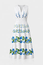 Blue & White Sleeveless Floral Cotton Poplin Midi Dress