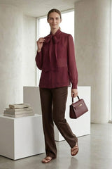 Burgundy Tie Neck Sheer Organza Shirt