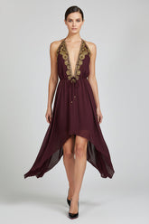 Burgundy Ornate Couture Embroidered Handkerchief Hem Dress