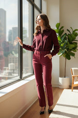 Burgundy Women's Shirt & Straight-Leg Pants Set