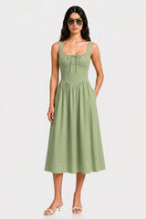 Contemporary Sage Linen Square Neck Midi Dress – Garden Party Dress for Women