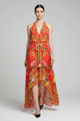 Coral Pink Floral Print Silk Scarf Maxi Dress