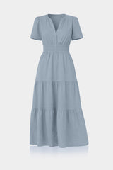 Dusty Blue Smocked Waist Cotton Midi Dress for Women – Business Casual & Everyday Wear