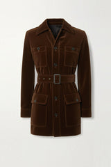 Brown Velvet Belted Longline Coat for Women