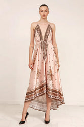 Creme Geometric Silk Scarf Maxi Dress
