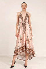 Creme Geometric Silk Scarf Maxi Dress