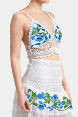 White and Blue Floral Cotton Bralette with Guipure Lace