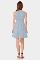 Dusty Blue Sleeveless Smocked Waist Cotton Mini Dress – Brunch Date Dress