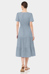 Dusty Blue Smocked Waist Cotton Midi Dress for Women – Business Casual & Everyday Wear