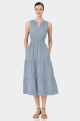 Dusty Blue Sleeveless Cotton Poplin Midi Dress – Business Casual Midi Dress