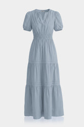 Dusty Blue Smocked Waist Cotton Tiered Maxi Dress