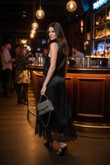 Classic Black Lace Trim Midi Dress