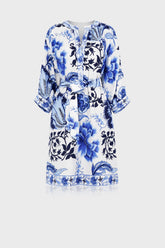 Blue And White Floral Midi Dress With Plunged Neckline
