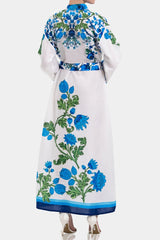 White & Blue Floral Cotton Maxi Shirt Dress with Full Sleeves