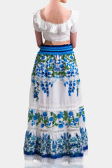 White & Blue Botanical Cotton Maxi Skirt with Guipure Lace Detail