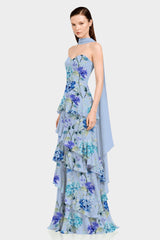 Hydrangea Print Strapless Tiered Ruffle Dress