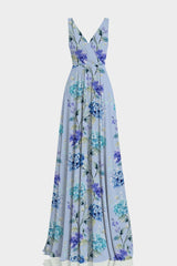 Hydrangea Floral Plunge V Neck Maxi Dress