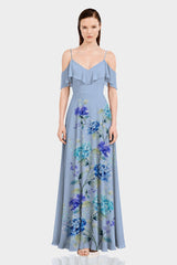 Hydrangea Floral Cold Shoulder Ruffle Dress