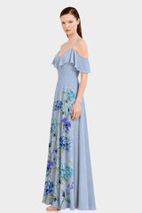 Hydrangea Floral Cold Shoulder Ruffle Dress