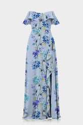 Blue Floral Off-the-Shoulder Dress with Ruffles