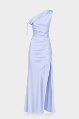 Luxury Icy Blue One Shoulder Gathered Stretch Satin Maxi Dress for Women