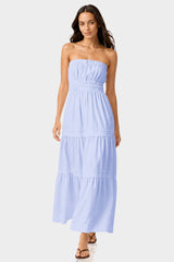 Icy Blue Tiered Cotton Sundress for Summer Getaways – Smocked Waist Cotton Maxi Dress