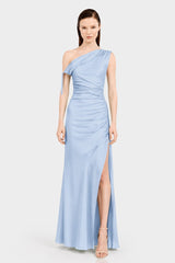 Powder Blue One Shoulder Gathered Satin Dress