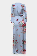 Powder Blue Floral Satin V-Neck Wrap Maxi Dress for Garden Parties