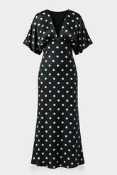 Black and White Polka Dot Deep-V Flutter-Sleeve Satin A-Line Wedding Guest Dress
