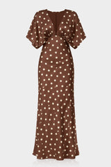 Brown Polka Dot Deep-V Flutter-Sleeve Satin A-Line Wedding Guest Dress
