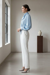 Powder Blue Silk Satin-Twill Tie-Neck Blouse