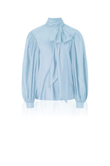 Powder Blue Silk Satin-Twill Tie-Neck Blouse
