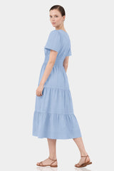 Powder Blue Smocked Waist Tiered Cotton Midi Dress for Women – Fit-and-Flare Dress