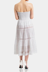 Convertible White Cotton Voile Corset Midi Dress with Guipure Lace – Off-Shoulder Tiered Skirt Dress