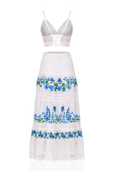 White & Blue Floral Cotton Maxi Skirt with Smocked Waist & Guipure Lace