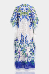 White Lace Kaftan Maxi Dress with Blue floral Print