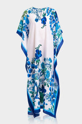 White Botanical Print Kaftan Maxi Dress with Blue Border Detail