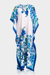 White Botanical Print Kaftan Maxi Dress with Blue Border Detail