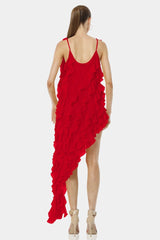 Carmen Flaming Red Sleeveless Dress Long Ruffled Overlay