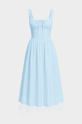 Sky Blue Linen Corset Midi Dress with Square Neckline – Bridal Shower Dress