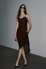 Brown Satin Lace Trim Midi Slip Dress for Glamorous Evenings