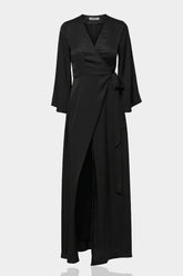 Black Satin Wrap Bridesmaid Dress – Elegant Maxi Bridal Party Dress by Shahida
