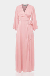 Blush Pink Satin Wrap Bridesmaid Maxi Dress with Slit – Long Sleeve