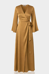 Champagne Beige Satin Wrap Maxi Bridesmaid Dress – Long Sleeve Wedding Gown