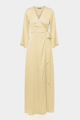 Champagne Satin Wrap Bridesmaid Maxi Dress with Slit – Long Sleeve