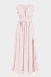 Blushing Pink V-Neck Bridesmaid Dress – Elegant Wedding Maxi Gown